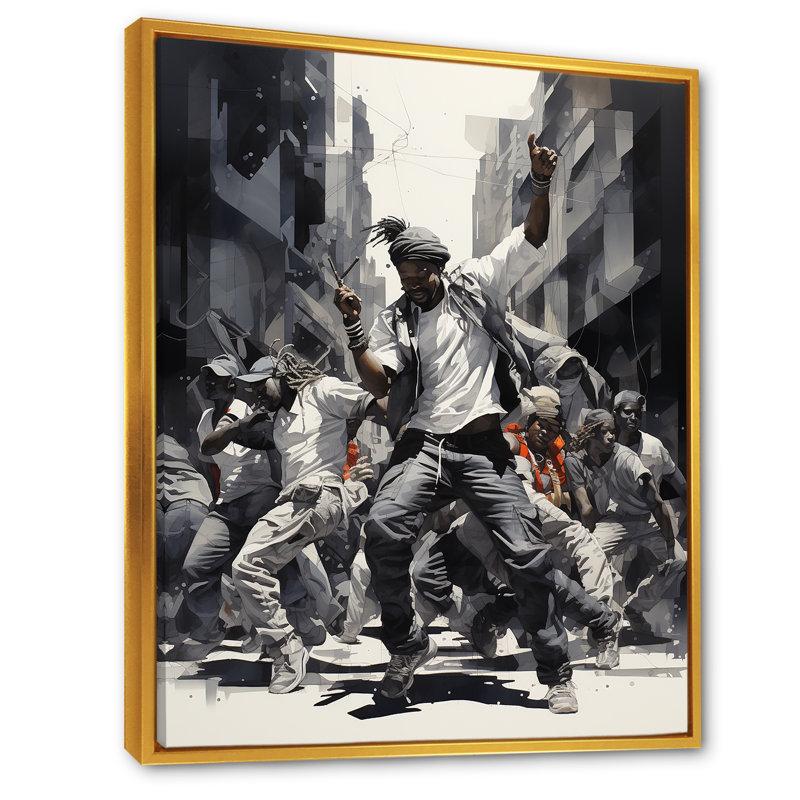 «Black and White Hip Hop Dance», art mural sur toile, Cadre flottant doré, H 40 po x l 30 po x P 1,5 po