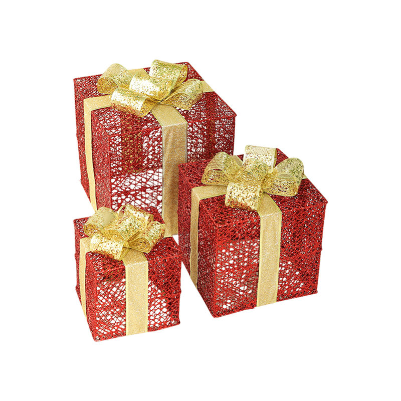 Ensemble de 3 boîtes de Noël illuminées pour l'extérieur à DEL, 8.66" H x 8.66" W x 8.66" D, Red