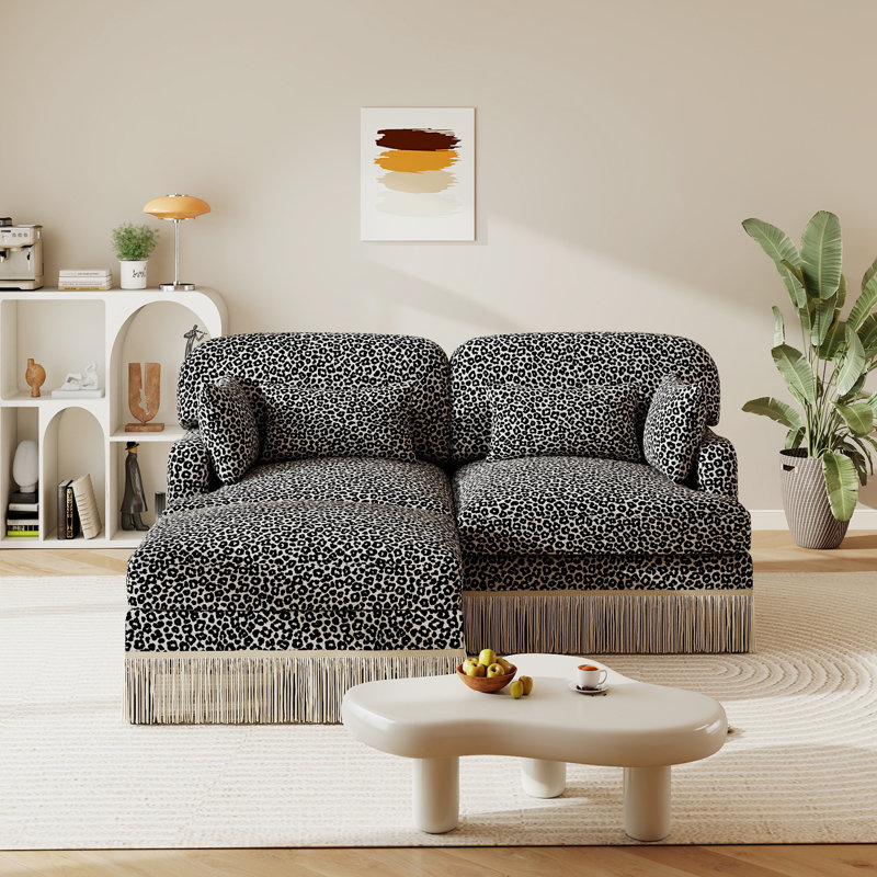 Canapé modulaire en forme de L 69,2 po Chenille Leopard avec jupe à franges, Kaki