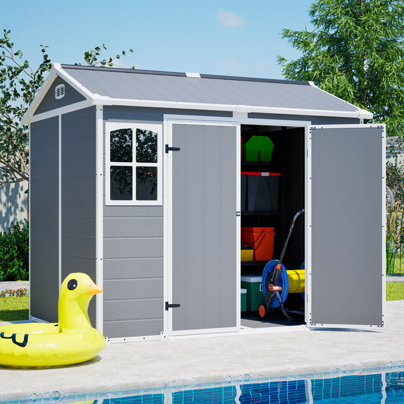 Remise utilitaire en plastique 8 x 6 pi avec plancher - Remise de rangement verrouillable pour outils de jardin et poubelles, organisateur d'extérieur toutes saisons en gris-blanc
