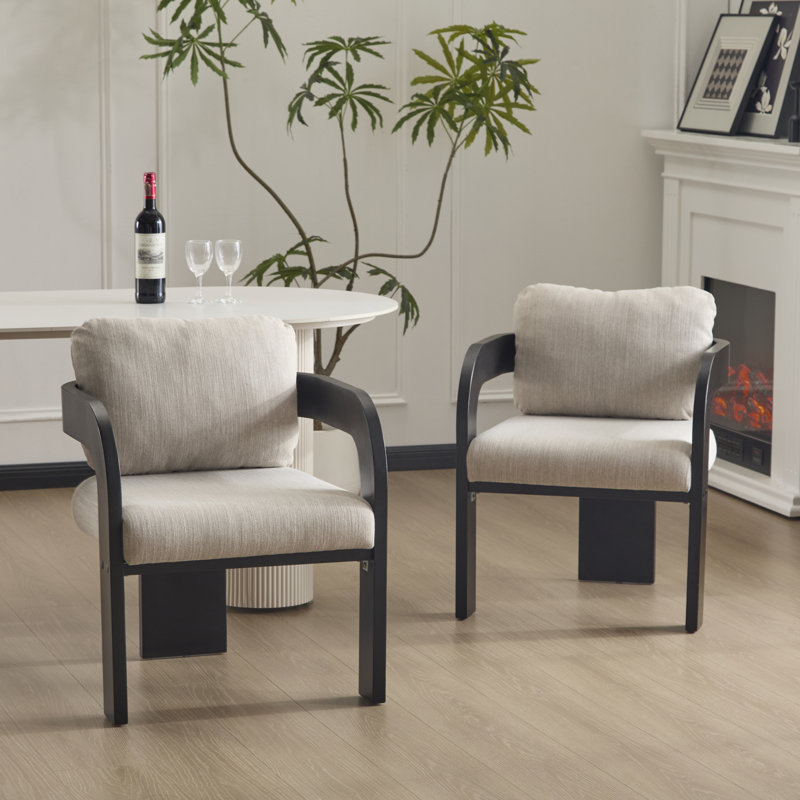 Demars Modern Rustic Upholstered Dining Chairs With Curved Arms, Beige, Black