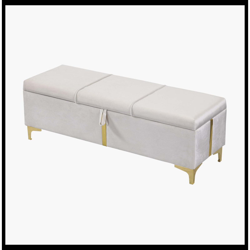 Elegant Upholstered Storage Ottoman,Storage Bench With Metal Legs For Bedroom,Living Room,Fully Assembled Except Legs,Beige