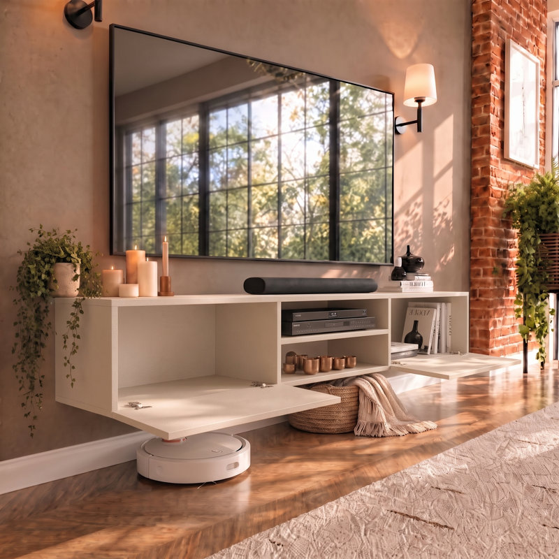 Meuble télé mural suspendu Desmone 71 po moderne avec rangement pour téléviseurs jusqu'à 80 po (203 cm), beige travertin