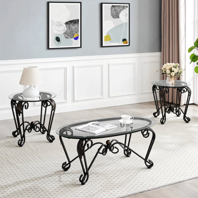 Tempered Glass 3-Piece Coffee Table Set, Elliptical Design With Round Side Tables