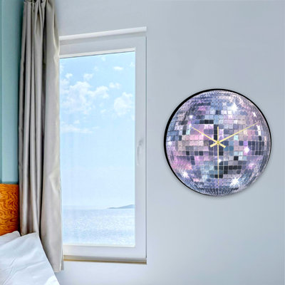 Stylish Shiny Mirror Ball With Reflective Square Tiles Pattern Ultra Clear Glass Wall Clock