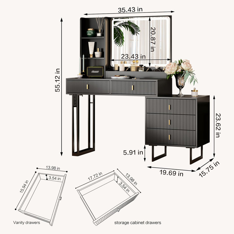 Large Vanity Desk with 3 Color Touch Screen Dimming Mirror, Vanity Desk with Charging Station, Modern Retractable Makeup Dressing Table, Makeup Table With storage shelves and 5 Sliding Drawers