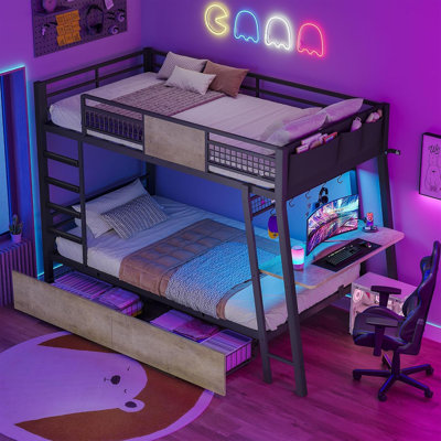Twin Size Bed With Desk, Twin Metal Bunk Beds With Power Outlets, Rgb Led Lights, 2 Larger Storage Drawers, Bed With 13.4"h Safety Guardrail & Ladders