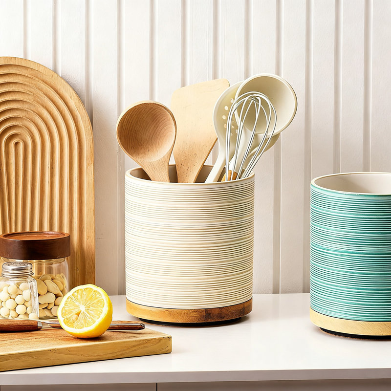 Porte-ustensiles, pot à ustensiles de cuisine rotatif à 360 ° avec base en bois, (blanc cassé)