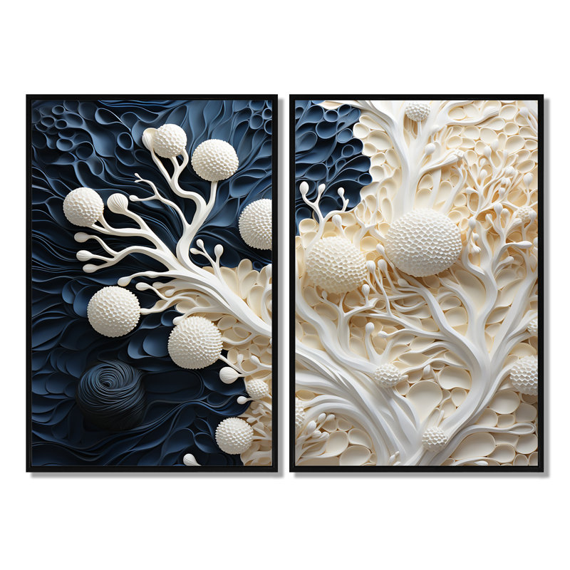 Collage de fleurs de corail blanc et bleu I - animaux sous l'eau, impressions sur toile, Black, 36" H x 48" W