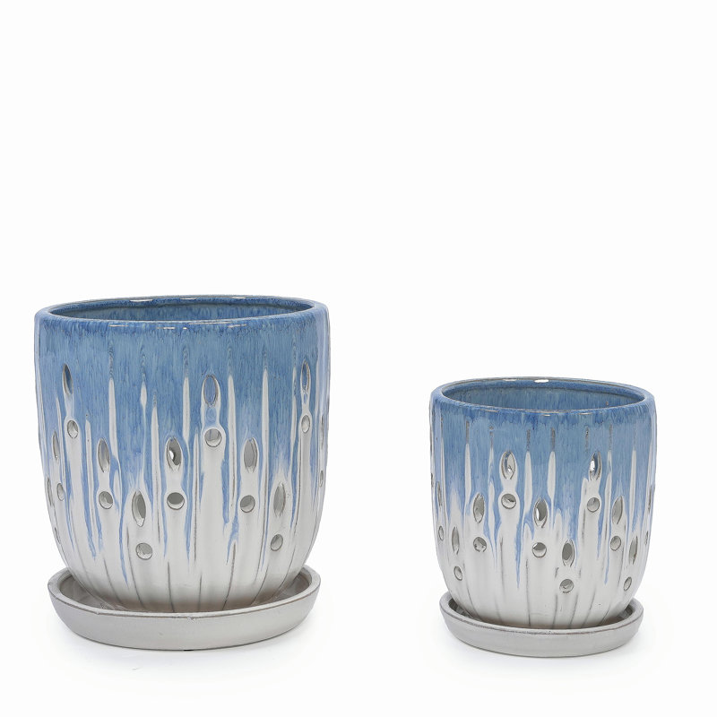 Ensemble de pots à fleurs en céramique faits à la main dégradé bleu et blanc (7,48 po x 8,07 po et 5,51 po x 6,1 po), pot de fleurs d'intérieur / extérieur pour orchidées, plantes grasses sur le rebord de la fenêtre, respirant avec trous de drainage