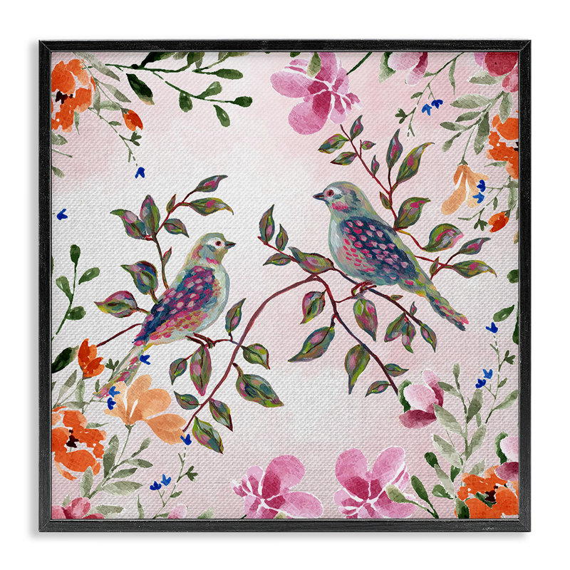 Deux oiseaux avec des fleurs, estampe numérique, design par Adonna Ebrahimi, H 17 po x l 17 po, Giclée encadrée noir minuit