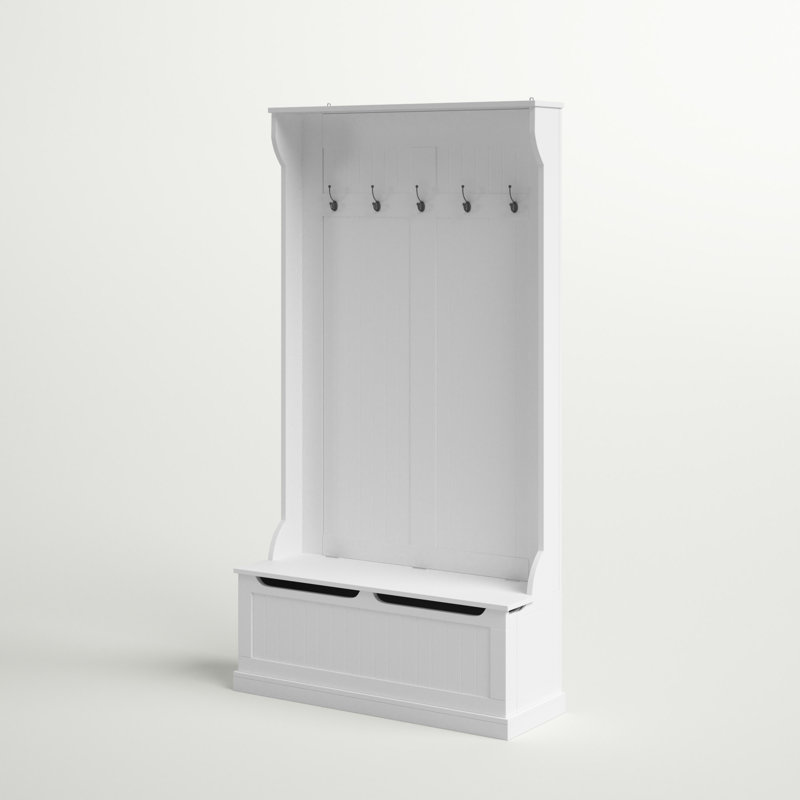 Bright White MDF Hall Tree with Storage Bench and Coat Hooks
