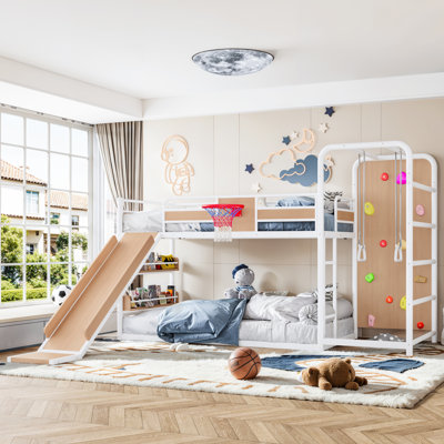 Lit mezzanine PlayVenture en métal pour enfants avec aire de jeux, glissade, panier de basketball, anneaux de traction et mur d'escalade