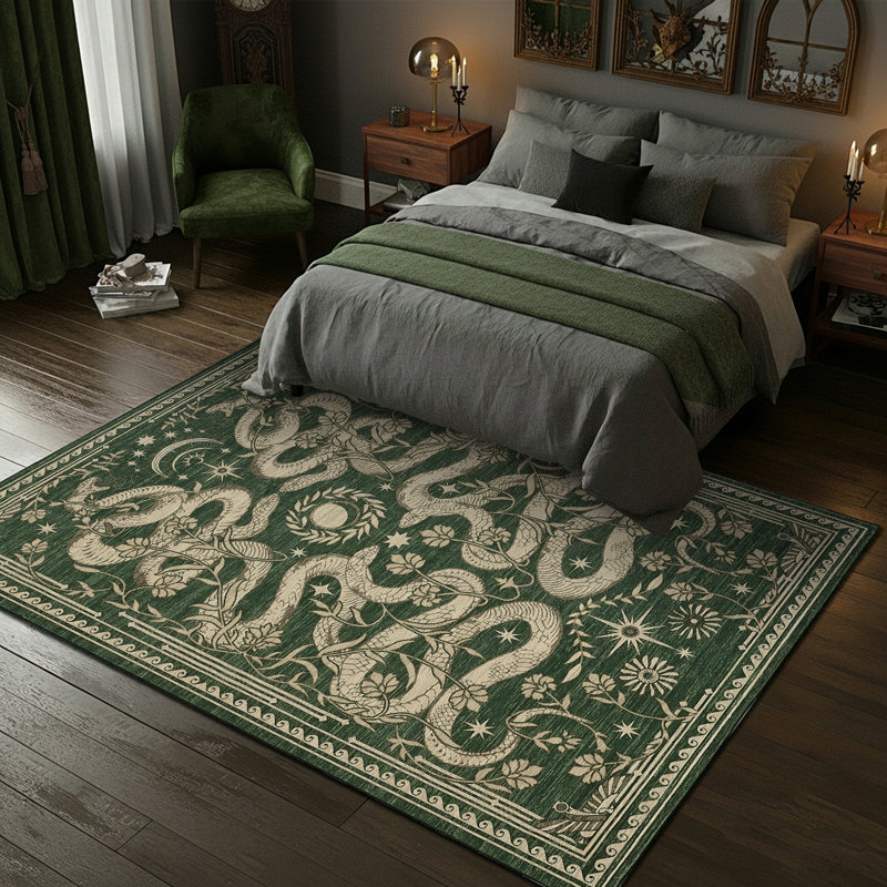 Tapis à motif de serpent doux, à poils courts, résistant aux marques, antidérapant et lavable, Green, Rectangle 6' x 9'