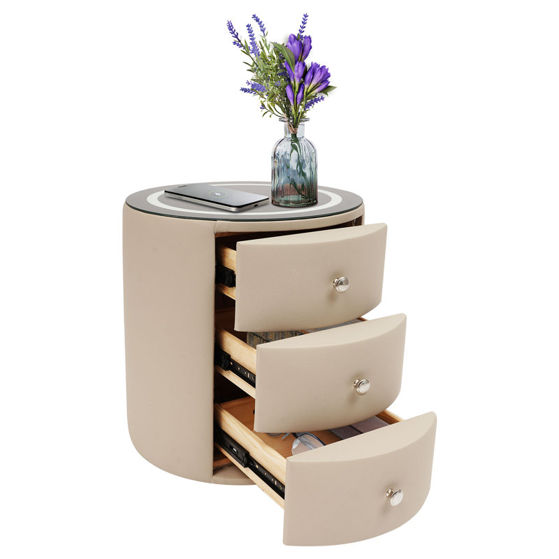 Table de chevet ronde à 3 niveaux avec DEL, charge sans fil et fonction USB, Beige