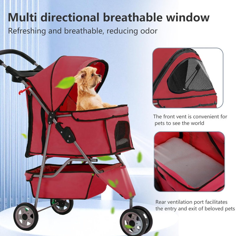 Red 3-Wheel Foldable Alloy Steel Dog Stroller with Storage Basket