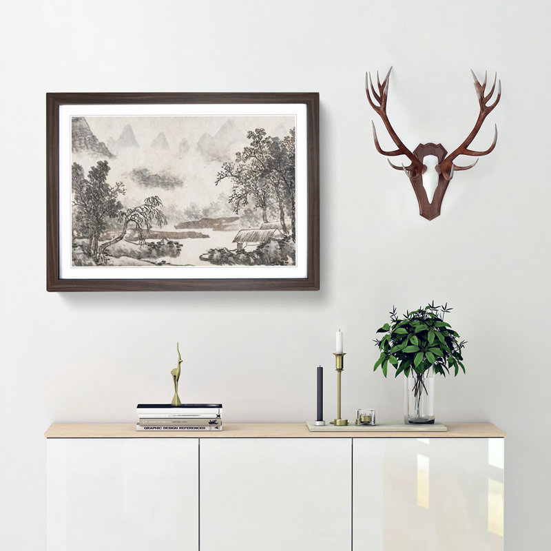 Clouds over the River by Shen Zhou - Picture Frame Painting Print, 36cm H x 48cm W x 2cm D, Walnut Framed