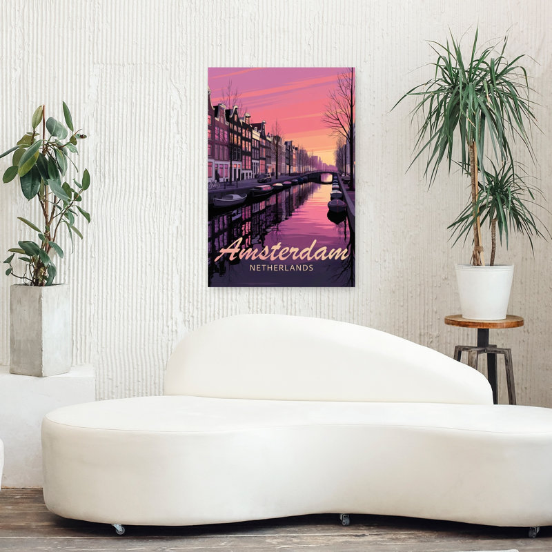 Amsterdam Sunset Canal, une affiche murale colorée, paisible et vibrante représentant l'architecture de la ville