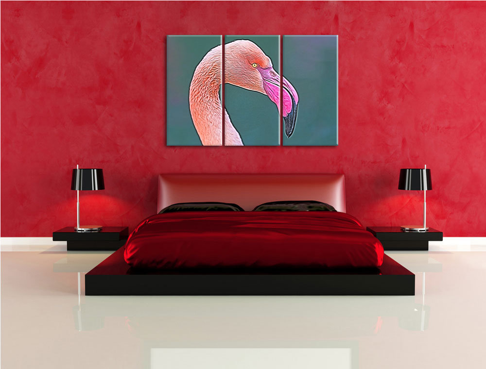 3-tlg. Leinwandbilder-Set „Flamingo im Seitenprofil“, Grafikdruck