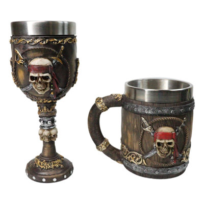 Nautical Rustic Barrel Pirate Skull Wine Goblet & Beer Tankard Mug Set of 2