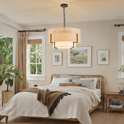 Luminaire suspendu 19,69 po en rotin tissé et tambour en tissu pour chambre à coucher