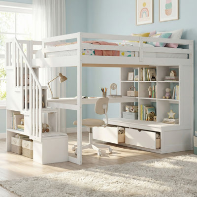 Solid Wood Full Size Loft Bed with Desk and Shelves, Two Built-in Drawers, Storage Staircase for Bedroom