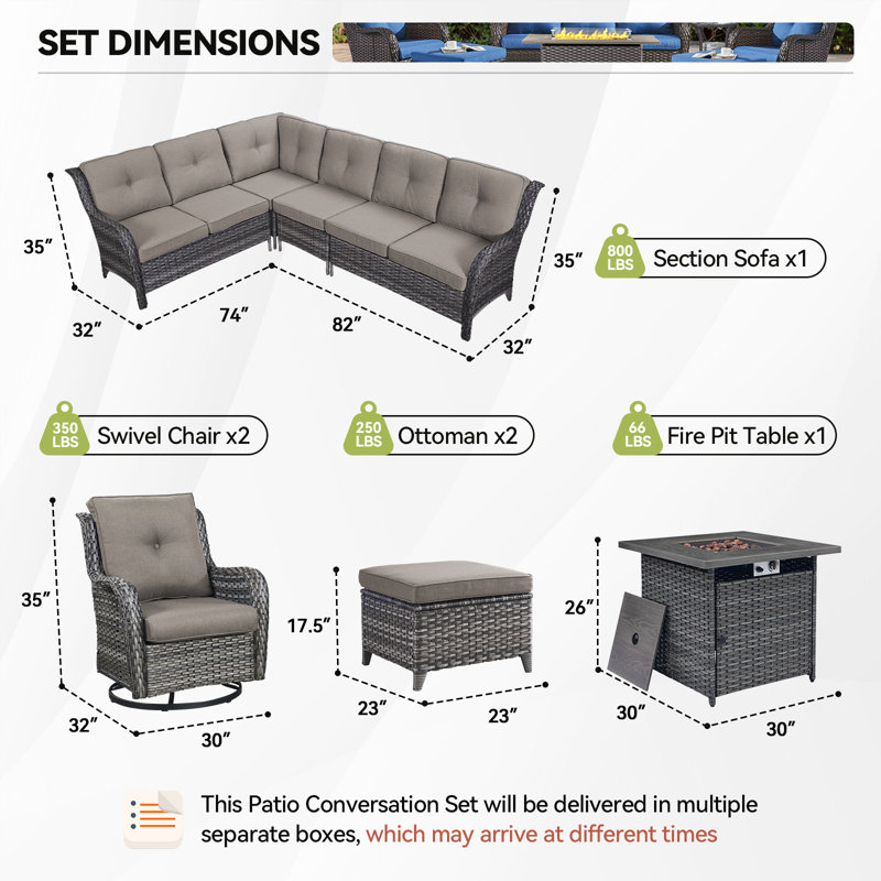 Carolina Wicker 7 - Person Patio Conversation Sets With Cushions And Fire Pit, Gray, Gray