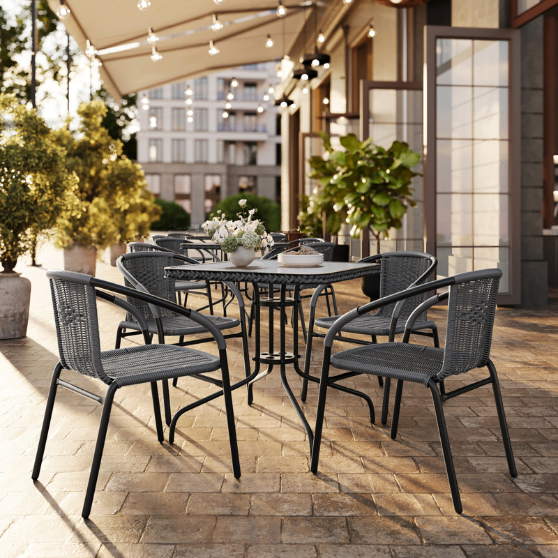 Amlie 28" W Square Glass 4-Person Dining Set with Stackable Chairs, Gray