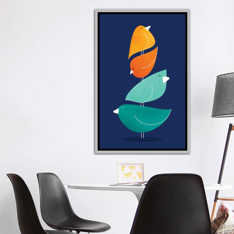 «Bird Stack I» par Modern Tropical - impression d'art graphique, H 60 po x l 40po x P 1,5 po, Toile avec cadre argenté