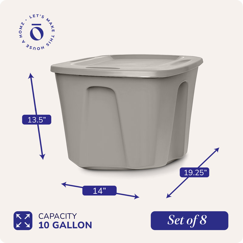 Contenant de rangement en plastique robuste de 10 gallons Homz, argent titane (paquet de 8)