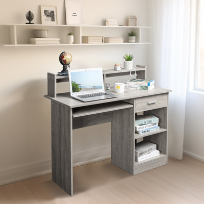 43.3in Computer Desk with Hutch, Keyboard Tray and Drawer, Rustic Oak Home Office Desk with Storage Shelves, Writing Desk for Small Spaces