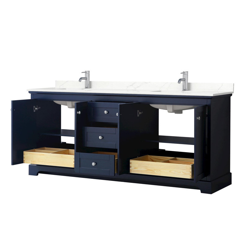 Avery 80'' Double Bathroom Vanity with Marble Top, Dark Blue, Polished Chrome, Giotto Quartz