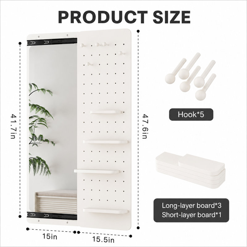  Modern Rubber Wood Wall Mounted Full Length Mirror with Sliding Panel and Adjustable Storage
