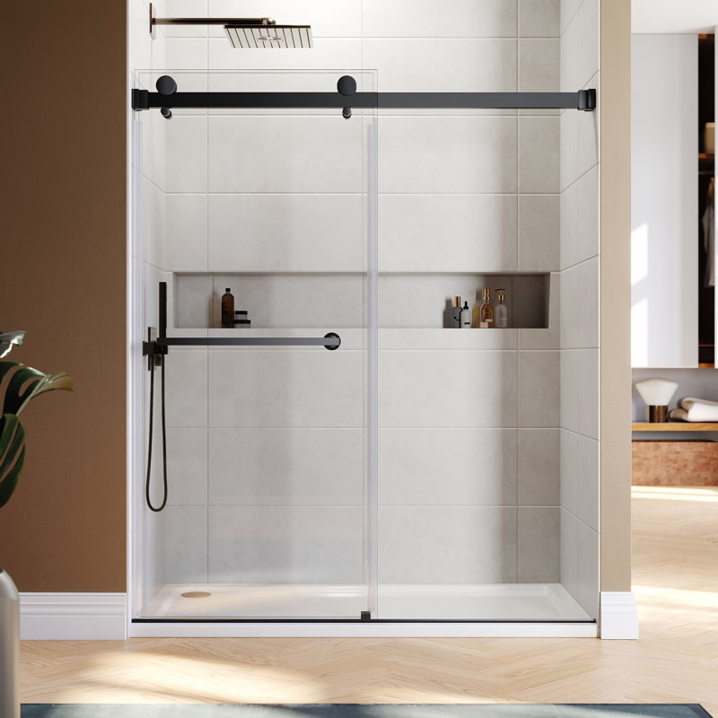UKD01 56 to 58 in. x 80 in. H Frameless Double Sliding Shower Door with 3/8 in. (10mm) Clear Glass , Matte Black