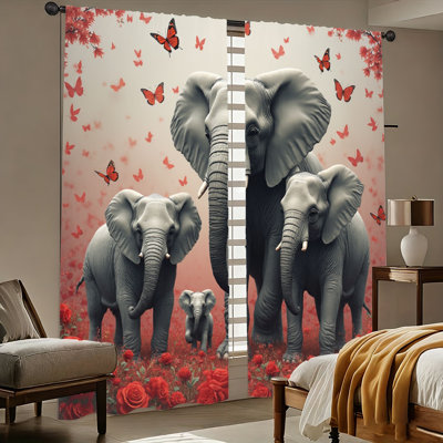 2 pièces Famille d'éléphants avec roses rouges et papillons, style pastoral, rideaux de protection de la vie privée filtrant le soleil, conception à passe-tringle, pour le salon, la chambre à coucher, le balcon, la cuisine, la décoration extérieure