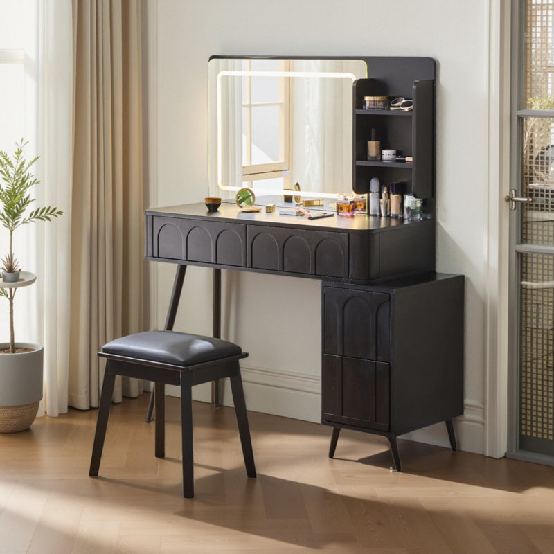 Modern Makeup Vanity Set with LED Mirror & 4 Drawers - 3-Color Dimmable Lights, Fluted Waveform Design, Space-Saving Dressing Table with Stool