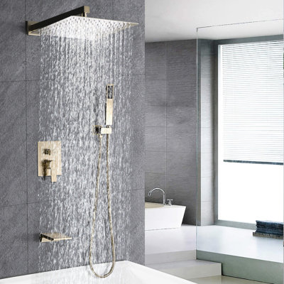 Ensemble de douche complet avec tête de 12 po et portatif, fixation murale, disque en céramique, équilibre, look magnifique, or brossé élégant