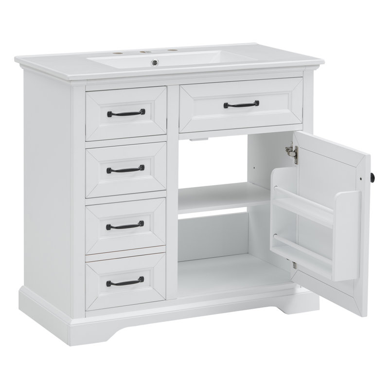 Meuble-lavabo autoportant de 36 pouces avec lavabo en céramique et tiroirs coulissants Bayshorel, Blanc