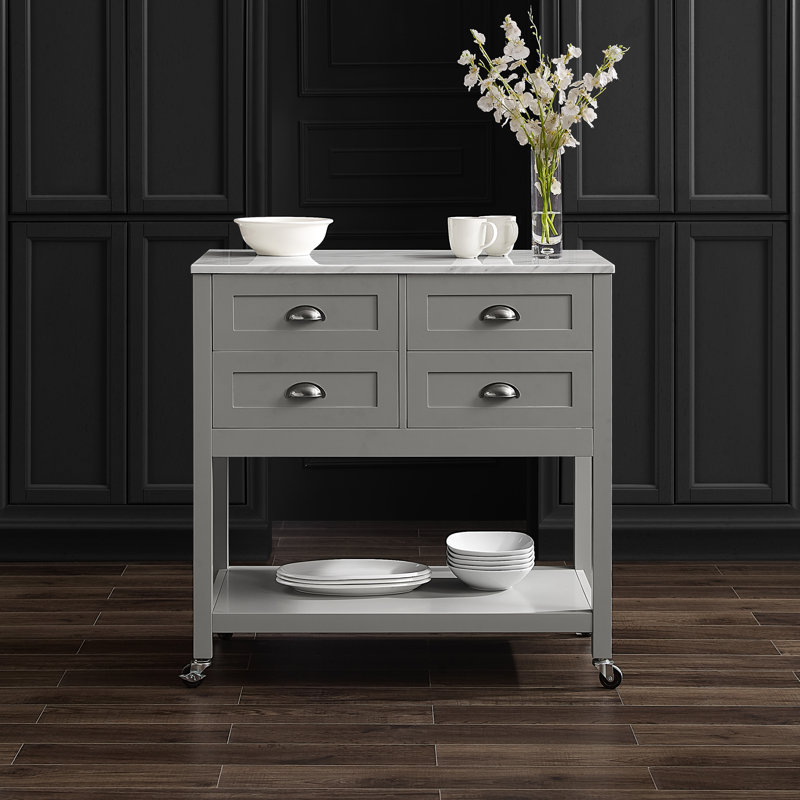 Jamillah 36'' Wide Rolling Kitchen Island with Faux Marble Top, Gray