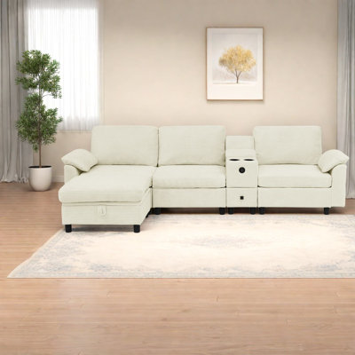 Canapé d'angle moderne avec rangement, structure en bois, 275 cm (108,5 pouces), beige, pour une maison familiale spacieuse