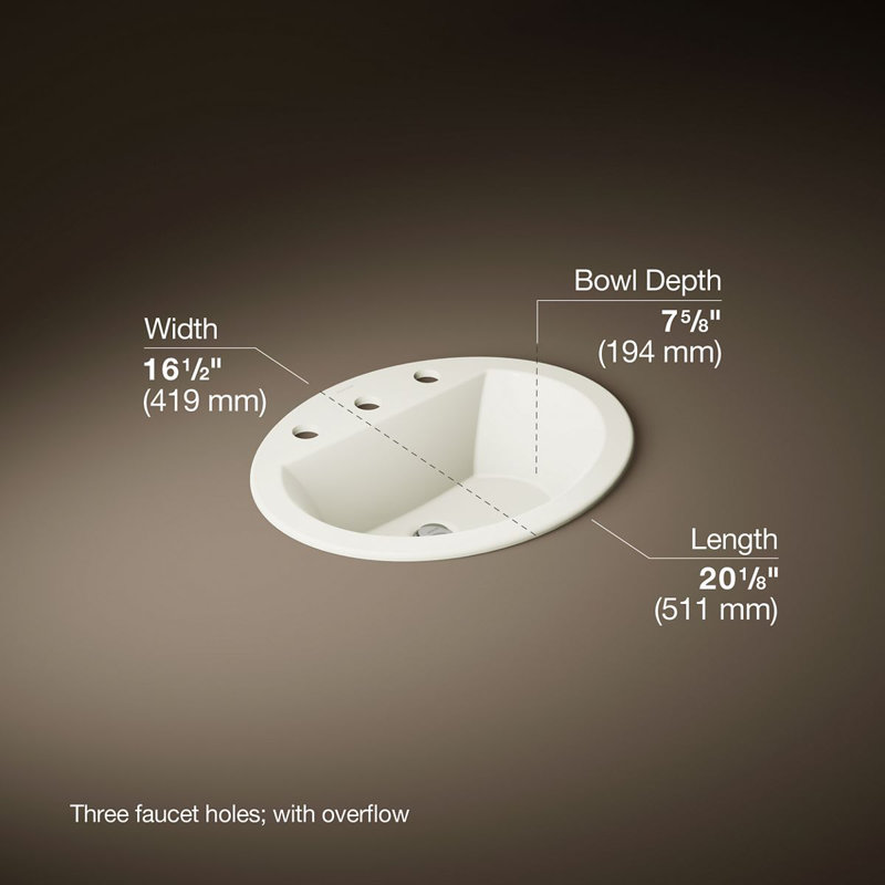 Bryant Ceramic Oval Drop-In Bathroom Sink with Overflow, Biscuit, 8" Centers