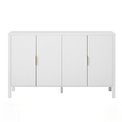 Armoire de rangement moderne à portes rayées avec supports à l'arrière, tablettes réglables et poignées en aluminium pour une organisation et un style améliorés dans les salons ou les salles à manger.