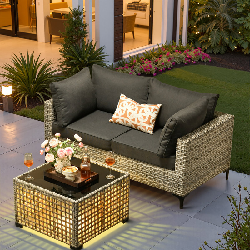 2-Person  Outdoor Sectional Loveseat Sofa With Cushions And Led Coffee Table ,All-Weather Wicker Patio Set, Black