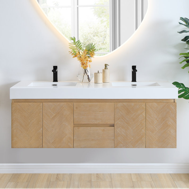 Siena 60" Wall-mounted Double Bathroom Vanity with White Artificial Drop-in Sink without Mirror