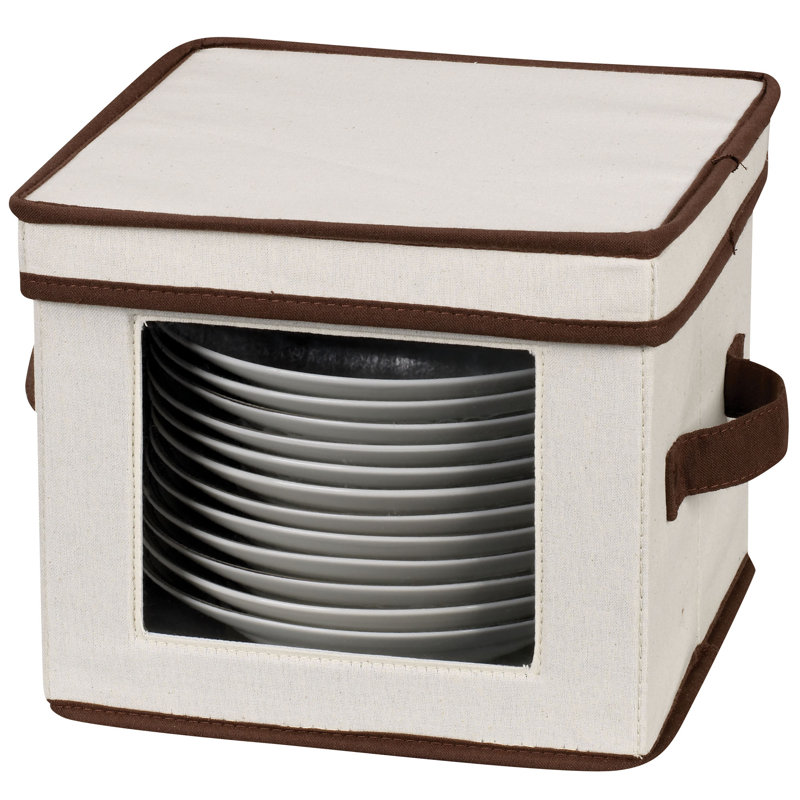  China Plate Storage Box, Holds 12 Dessert Plates or Bowls, Windowed Panel, Sturdy Frame and Reinforced Handles, Felt Cushions, Fully Removable Lid