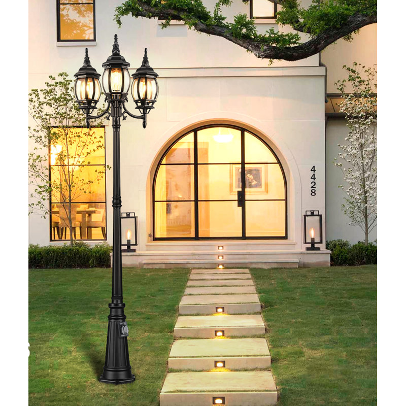 3-Head Outdoor Lamp Post Light with Outlet, Black Street Light Pole with Dusk to Dawn