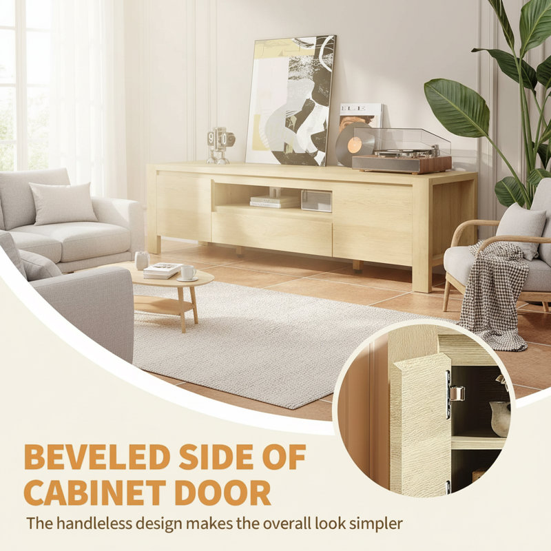Meuble télé, avec portes et armoire, Naturel, H 17,7 po x L 63 po x l 15,8 po