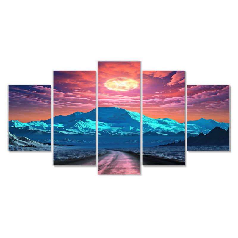 Full MOon Over Blue Mountain Road - Landscape Mountains Wall Art 5 Piece, 32" H x 60" W