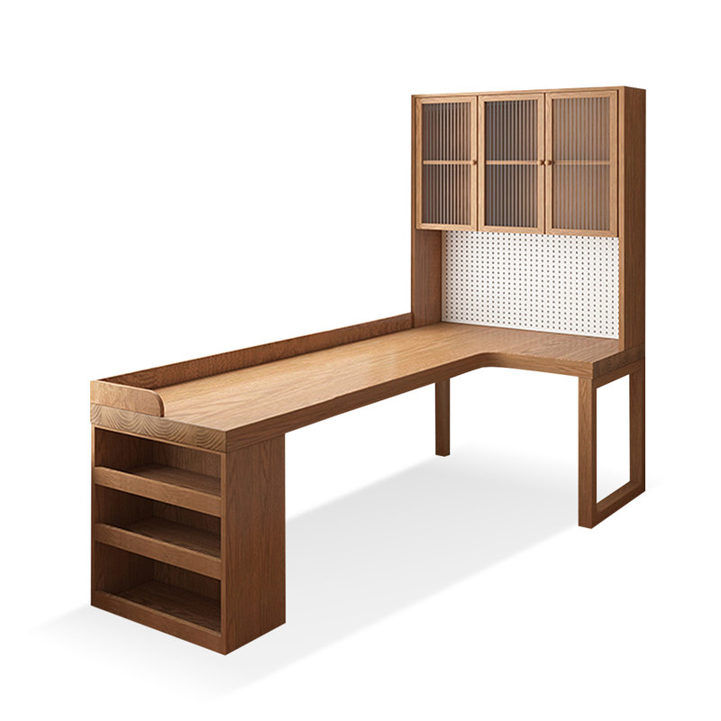 Brown Rectangular Solid Wood+Glass desk, 29.53" H x 86.61" W x 47.24" D