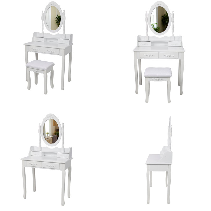 29.5" Wide Pink Princess Vanity Desk Set With 360° Rotating Mirror - 4-Drawer Wooden Makeup Table With Cushioned Stool - 55" High Girls Bedroom Dressing Station - Pink